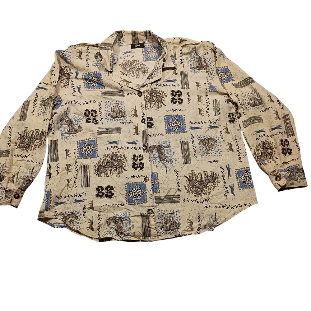 Tapestry Button-Down Womens L Animal Print Safari Tiger Leopard Beige Multi